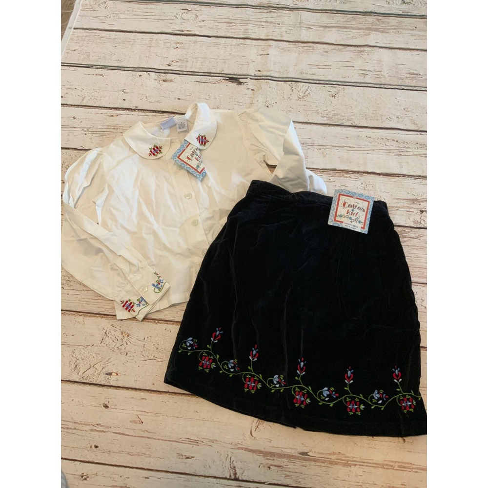 Cotton Kids Girls Size 12 White Embroidered Blouse Black Velvet Skirt Set NWT